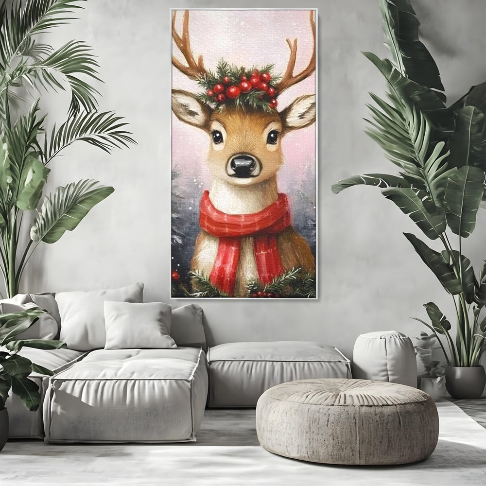 Tablou canvas cu tablou canvas cu ren festiv, in rama de aluminiu argintiu, pe perete intr-un living
